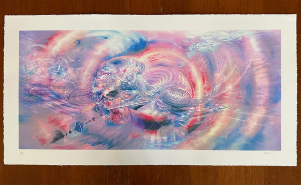 Towards A Distant Dawn print. Based on the original painting by Mario Martinez (MARS-1).  - Archival quality giclée print with deckled edges. - 12 color screen print - Limited edition of 100 - Signed by the artist - Paper size:  39in wide x 20in tall - Image size: 35in wide x 16in tall