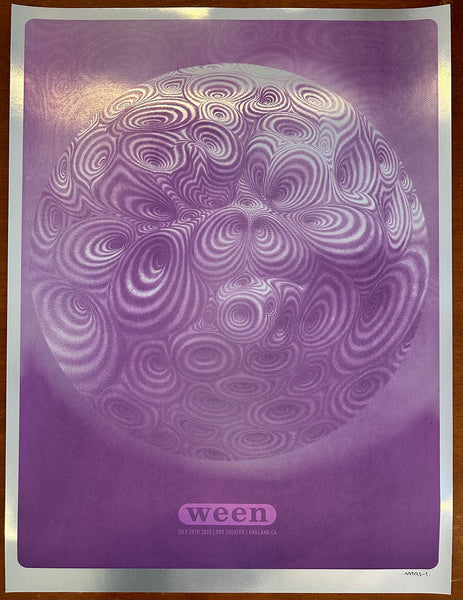 Ween Poster, Fox Theater, Oakland 2023 - Purple Foil. Poster commissioned by WEEN exclusively for their July 29, 2023 performance at the Fox Theater in Oakland, CA. - Purple, artist variant on foil edition of 25 - Printed by Bicep Press in Bristol UK - Screen print with deckled edges. - Signed by artist MARS-1 - Paper size: 18in wide x 25in tall